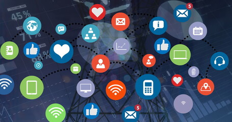 Poster - Image of network icons over electricity poles at sunset