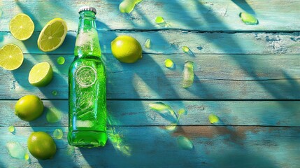 Poster - Chilled lime soda bottle with fresh cut limes on weathered wood, zesty summer refreshment vibe