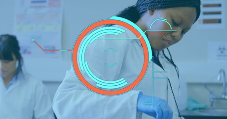 Poster - Image of round scanner over african american female scientist working at laboratory