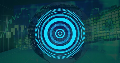 Poster - image of scope scanning over globe and data processing on black background