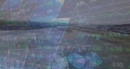 Poster - image of financial data and graphs over landscape