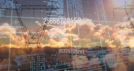 Poster - Image of data processing and numbers over electricity poles