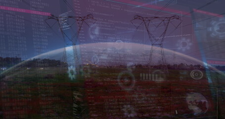 Poster - Image of data processing on digital screens over electricity poles