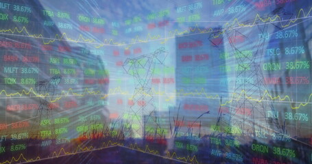 Poster - Image of financial data over screens and blurred cityscape
