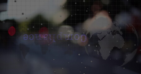Poster - image of globe and data processing over city traffic at night