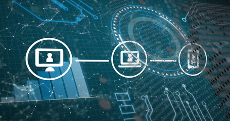 Poster - image of digital icons over digital interface with data processing and network of connections