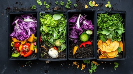 Poster - Bright veggie peels and scraps in black compost bins, eco-friendly and organic waste concept