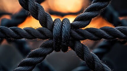 Fototapete - Abstract close-up of black ropes forming mesh pattern, soft sunset glow in the background