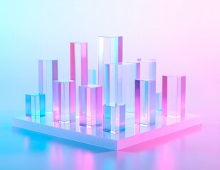 Poster - Abstract Glass Blocks, Pastel Cityscape, Neon Light, Modern Minimalist