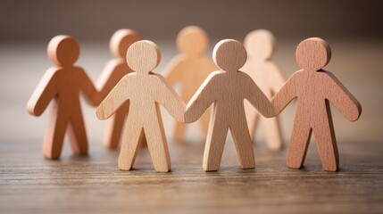 Poster - Group of wooden people figurines symbolizing team synergy and collective efforts in collaborative environments