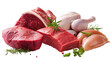 © Subin - Assorted raw meat cuts, isolated on white background for culinary use.