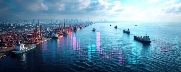 Aufkleber - Petroleum economy influence fossil refinery and crude market concept. Aerial view of cargo ships in harbor with digital data overlay.