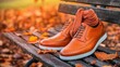 © Pannee - Leather golf shoes and scarf set placed on a rustic wooden bench