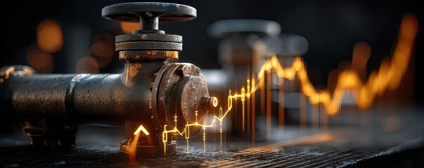 Poster - Oil price forecast and refinery from fossil market concept. Industrial pipeline with a rising graph, symbolizing growth.