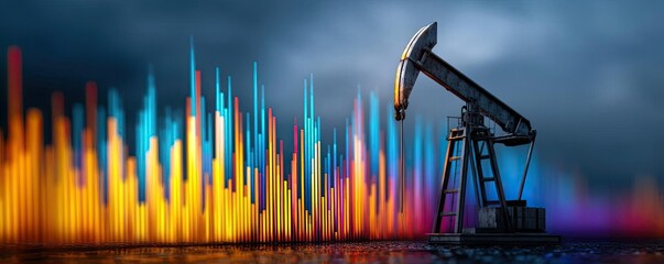 Poster - Oil price forecast and refinery from fossil market concept. An oil pump jack with vibrant soundwave backgrounds.