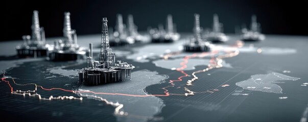 Poster - Oil price forecast and refinery from fossil market concept. Aerial view of oil rigs on a digital map showcasing global resources.