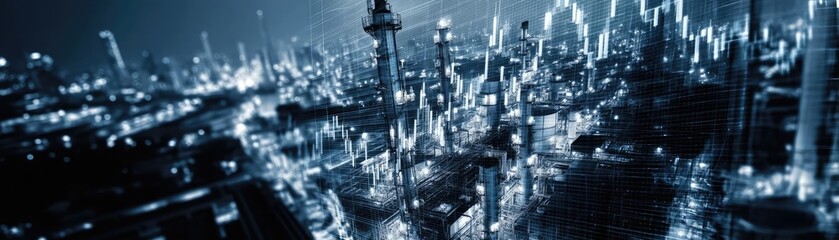 Poster - Oil price forecast and refinery from fossil market concept. Futuristic city skyline illuminated at night showcasing innovation.
