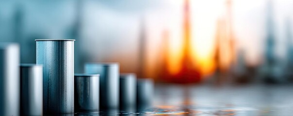 Poster - Oil price forecast and refinery from fossil market concept. A close-up view of metallic cylinders against a blurred background.
