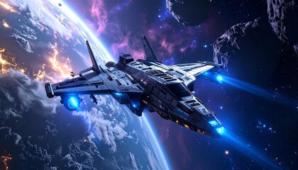 Poster - Spaceship flying through galaxy in space.