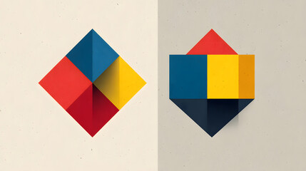 Poster - geometric abstraction: two modern, graphic diamond-shaped compositions in vibrant primary and second