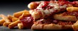 © Tin - Calorie bomb taste with sugar, salt, and greasy snack concept. Delicious pizza with cheese and toppings alongside crispy fries.