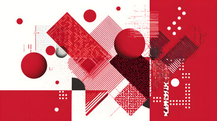 Poster - Red Geometric Composition: An abstract design featuring geometric shapes like circles, squares, and triangles, creating a dynamic interplay of forms in shades of red and white.