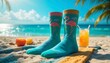 © Chanh2990 - a pair of tropical vacation socks. The socks have vibrant flamingo and palm tree motifs in white thread stitching. The pair of socks are laid on a sandy beach towel with ocean and tropical drinks