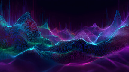 Fototapete - Abstract Data Visualization: Dynamic digital art depicting a stunning array of colorful data points, transforming into radiant peaks and valleys with an electrifying aura. 