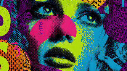 Poster - vibrant psychedelic portrait: an artistic, close-up depiction of a face rendered with vibrant, neon 
