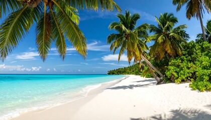 Poster - Tropical Beach with palm trees and turquoise ocean.