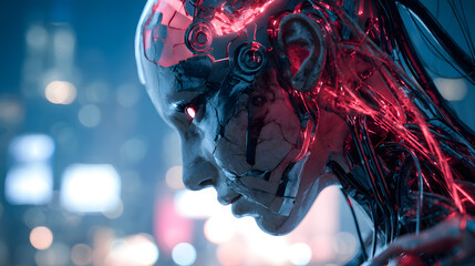 Poster - Technological Contemplation: A mesmerizing close-up of a sleek, futuristic cyborg with intricate cybernetic components, bathed in the neon glow of a cityscape at dusk.