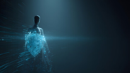 Poster - Digital Security Shield: An evocative digital representation of security, featuring a shield-shaped structure radiating energy, embodying protection and safeguarding in a cutting-edge.