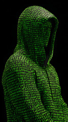 Poster - Digital Cloak: A figure shrouded in a hood, their form composed of a mesmerizing green digital code, standing against a stark black backdrop. Capturing mystery and the enigma of the digital age.