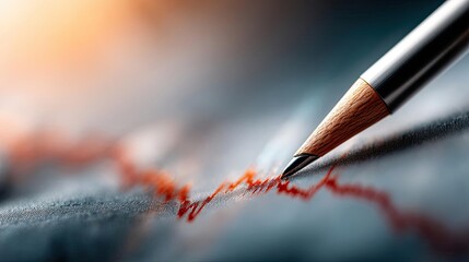 Poster - Volume spike analysis with price and trend support concept. Close-up of a pencil tracing a fluctuating financial graph.