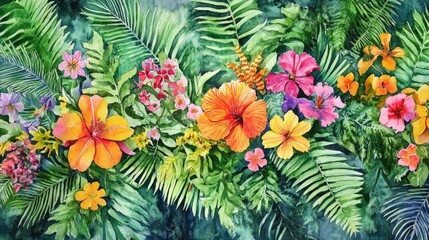 Poster - Captivating artistic seamless watercolor pattern featuring tropical flora lush jungle environment abstract design concept for vibrant decor