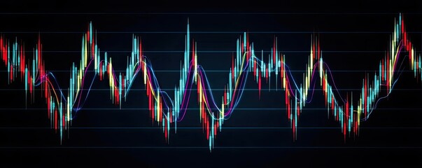 Poster - Candlestick pattern based on entry and indicator exit timing concept. Dynamic financial market data visualization in vibrant colors.