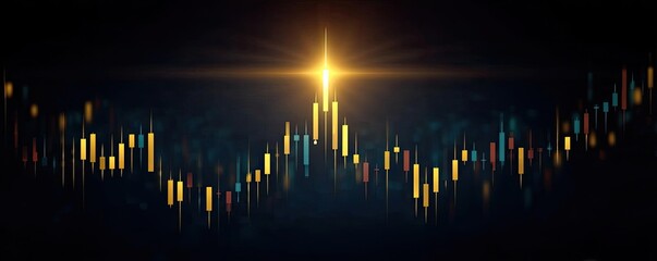 Poster - Candlestick pattern based on entry and indicator exit timing concept. Abstract financial market chart with glowing light effect.