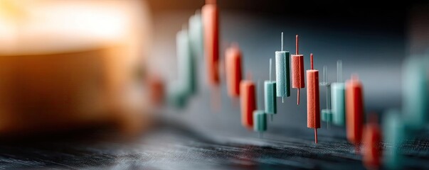 Poster - Candlestick pattern based on entry and indicator exit timing concept. Close-up of a stock market graph with colorful candlestick data.