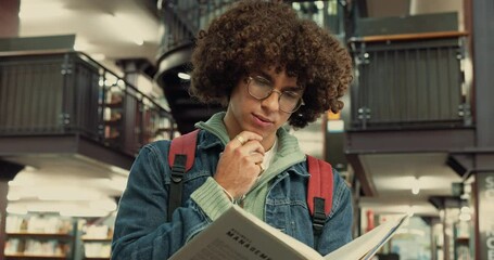 Aufkleber - Reading, student and man with book, library and research for exam, learning or studying for college. Scholarship, learner and person with assignment, knowledge and preparing for test in university