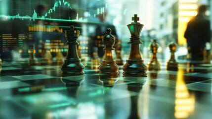 Poster - Strategic chess pieces representing market sectors on a financial fin dynamic business environment digital content visualization
