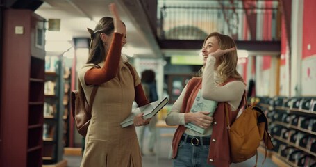 Aufkleber - Women, friends and high five with books at college, library and celebration for goals, study or results. Girl, university students and happy with success, cheers or motivation for learning at academy