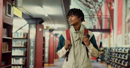 Poster - Man, university and student walking in library for study material, textbook search or scholarship. Gen z, person and backpack on campus for assignment information, exam preparation or reading session