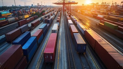 Poster - Loading containers onto railway wagons at shipping terminal aerial view of logistics operations in urban environment