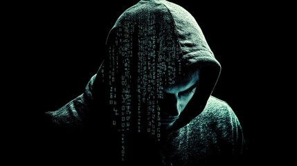 Poster - Late night cyber hacker in black hoodie urban workspace digital art dark environment focused viewpoint cybersecurity concept