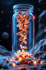 Poster - futuristic digital art with glowing capsules cascading from a transparent container, set against a dark space background