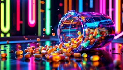 Poster - neon cyberpunk aesthetic with glowing capsules falling from a futuristic vial, vivid and luminous colors