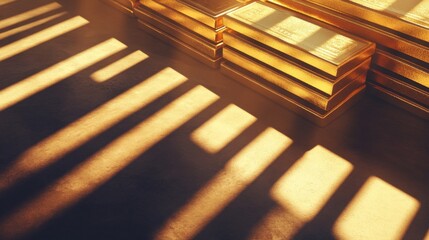 Poster - Golden light casting shadows over a stack of bars studio setting photograph warm environment close-up view light and shadow play