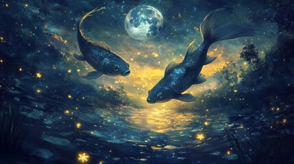 Poster - Two fish swimming through a cosmic river of stars night sky digital art ethereal environment dreamlike viewpoint pisces concept