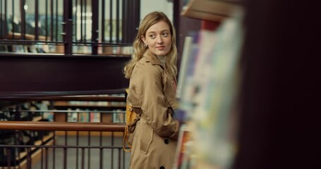Poster - Happy woman, student and walking in library with books for learning, education or study material. Female person, academic scholar or learner with textbook or novel pile for knowledge at university