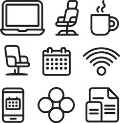 Poster - A set of outline style office icons on a black background, ideal for business, productivity, and workspace related designs.